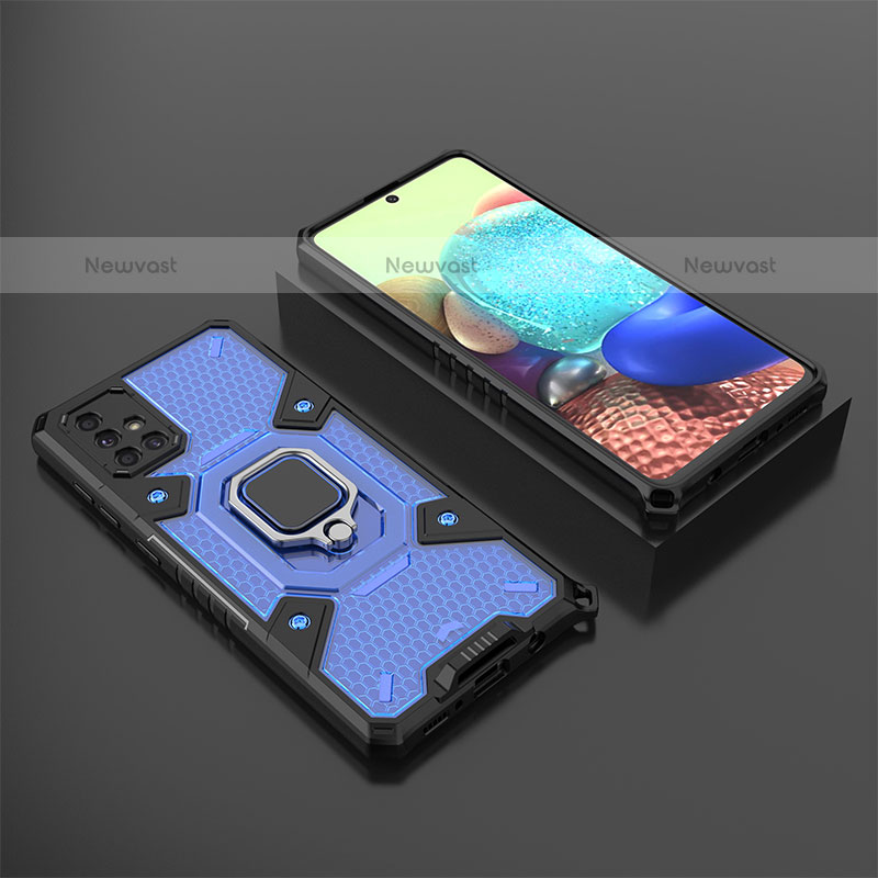 Silicone Matte Finish and Plastic Back Cover Case with Magnetic Finger Ring Stand KC5 for Samsung Galaxy A71 4G A715 Blue