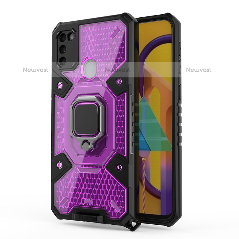 Silicone Matte Finish and Plastic Back Cover Case with Magnetic Finger Ring Stand KC5 for Samsung Galaxy M30s Purple