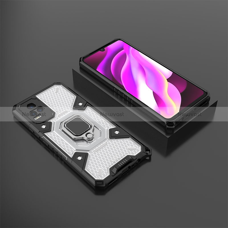 Silicone Matte Finish and Plastic Back Cover Case with Magnetic Finger Ring Stand KC5 for Vivo V21e 4G