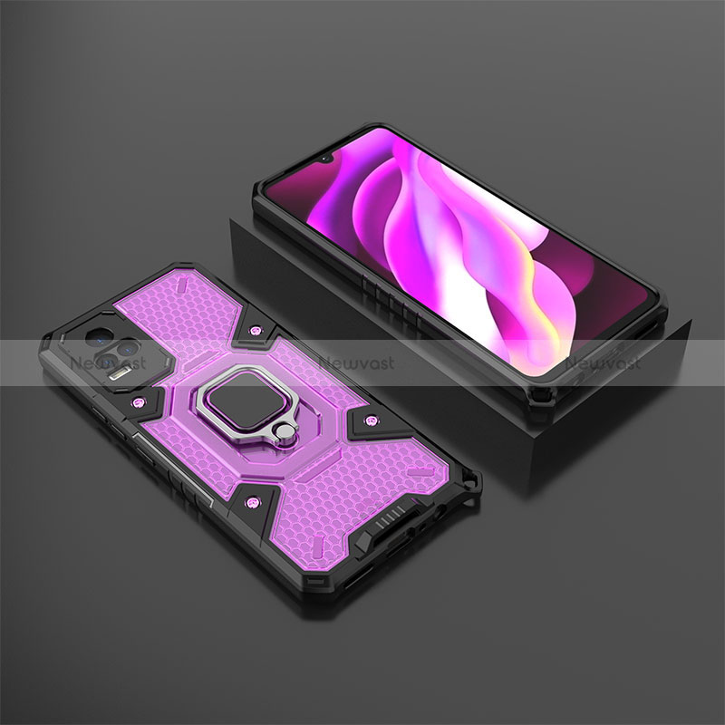 Silicone Matte Finish and Plastic Back Cover Case with Magnetic Finger Ring Stand KC5 for Vivo V21e 4G