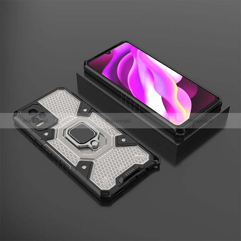 Silicone Matte Finish and Plastic Back Cover Case with Magnetic Finger Ring Stand KC5 for Vivo V21e 4G Black