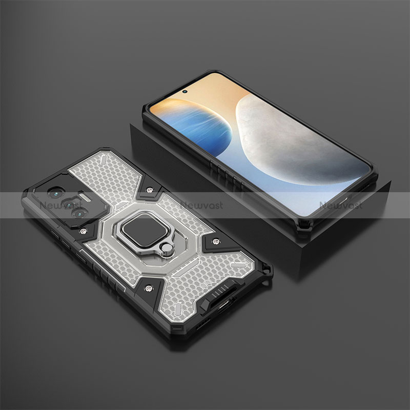 Silicone Matte Finish and Plastic Back Cover Case with Magnetic Finger Ring Stand KC5 for Vivo X70 5G Black