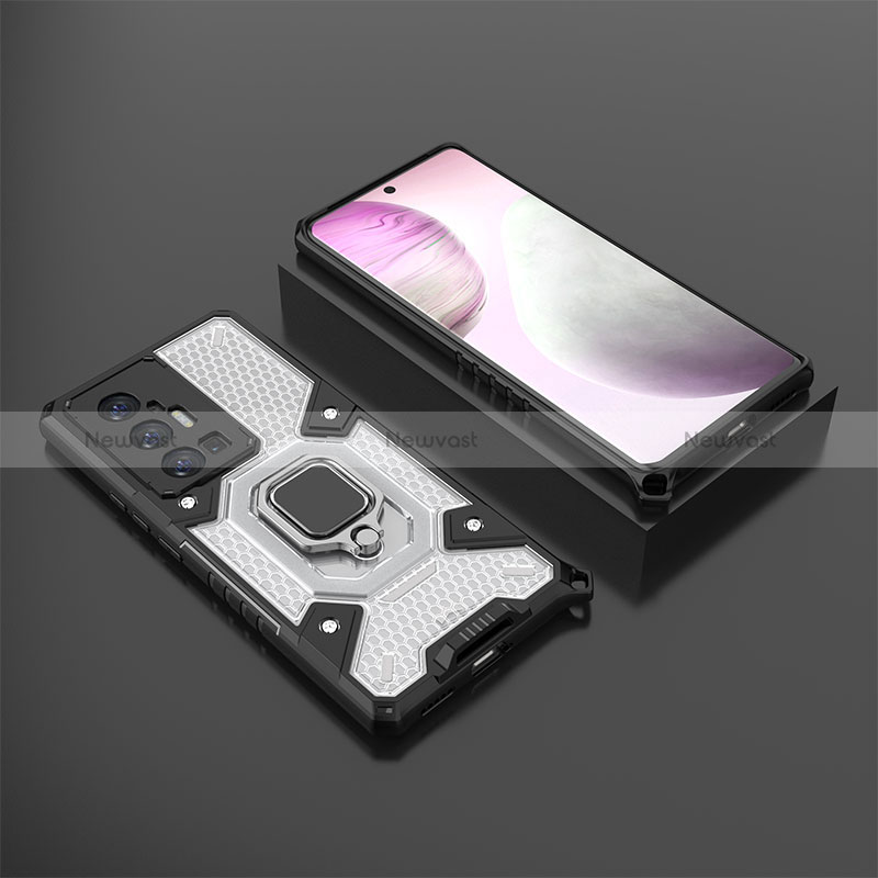 Silicone Matte Finish and Plastic Back Cover Case with Magnetic Finger Ring Stand KC5 for Vivo X70 Pro+ Plus 5G