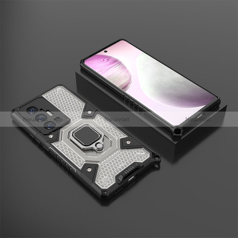 Silicone Matte Finish and Plastic Back Cover Case with Magnetic Finger Ring Stand KC5 for Vivo X70 Pro+ Plus 5G