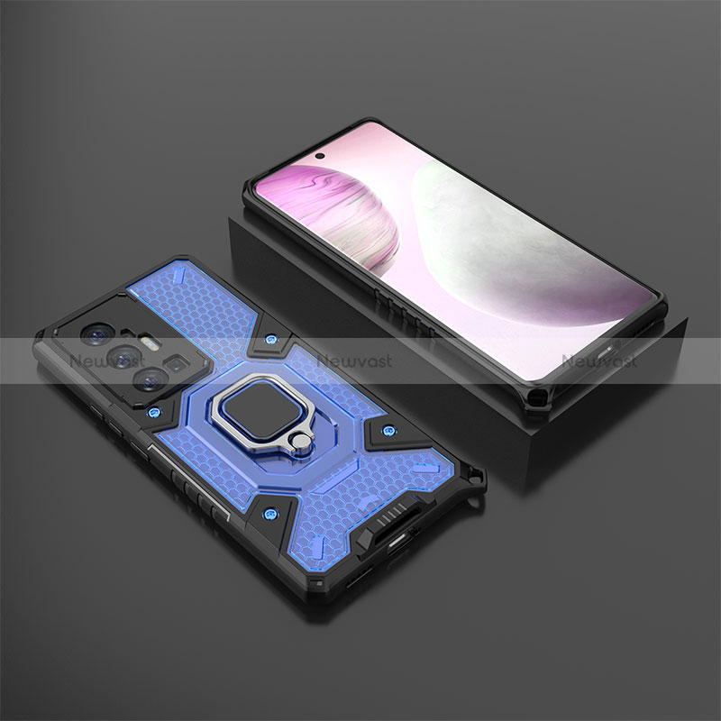 Silicone Matte Finish and Plastic Back Cover Case with Magnetic Finger Ring Stand KC5 for Vivo X70 Pro+ Plus 5G Blue