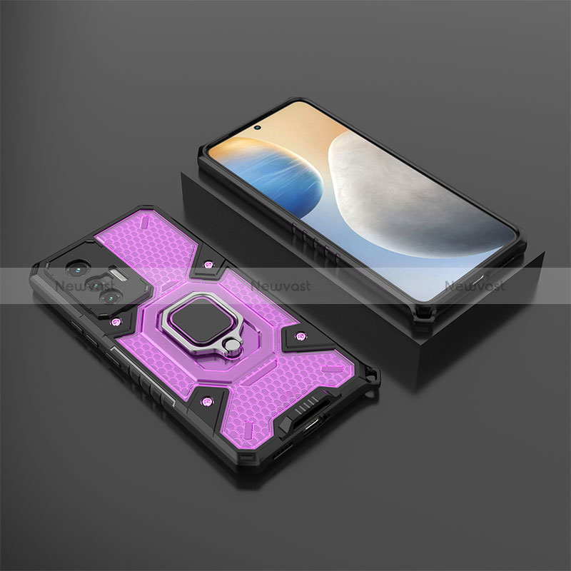 Silicone Matte Finish and Plastic Back Cover Case with Magnetic Finger Ring Stand KC5 for Vivo X70t Purple