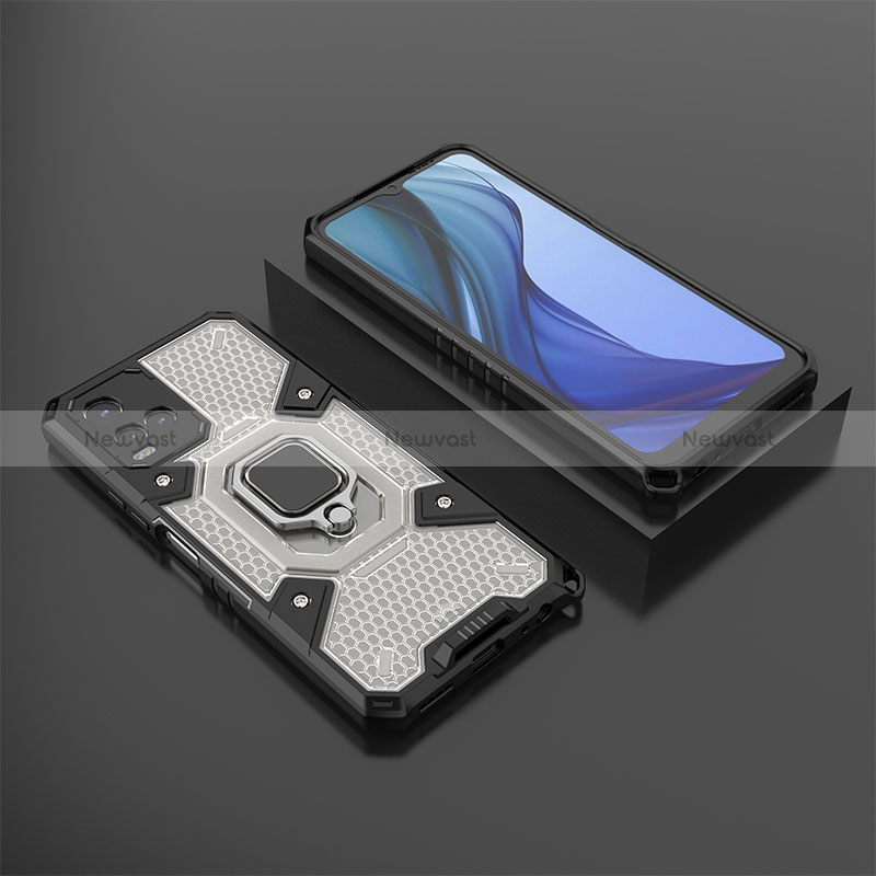 Silicone Matte Finish and Plastic Back Cover Case with Magnetic Finger Ring Stand KC5 for Vivo Y21 Black