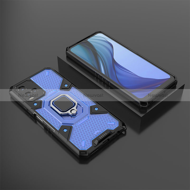 Silicone Matte Finish and Plastic Back Cover Case with Magnetic Finger Ring Stand KC5 for Vivo Y21a Blue