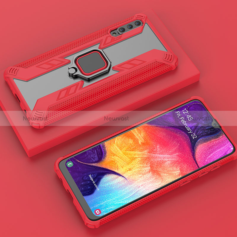 Silicone Matte Finish and Plastic Back Cover Case with Magnetic Finger Ring Stand KC6 for Samsung Galaxy A50 Red