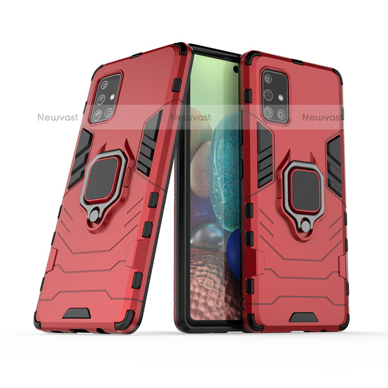 Silicone Matte Finish and Plastic Back Cover Case with Magnetic Finger Ring Stand KC6 for Samsung Galaxy A71 4G A715 Red