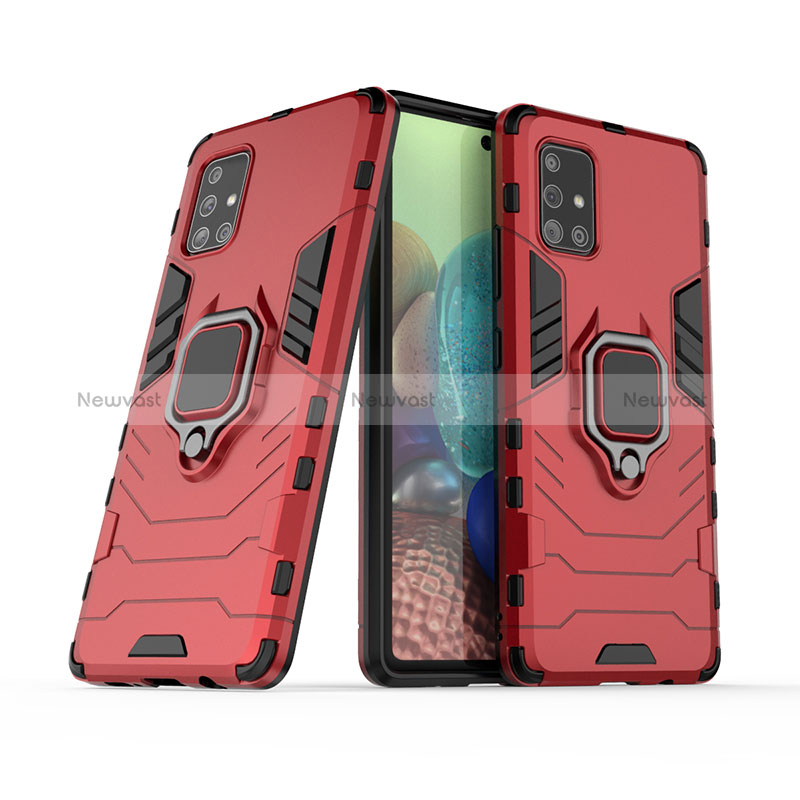 Silicone Matte Finish and Plastic Back Cover Case with Magnetic Finger Ring Stand KC6 for Samsung Galaxy A71 5G Red