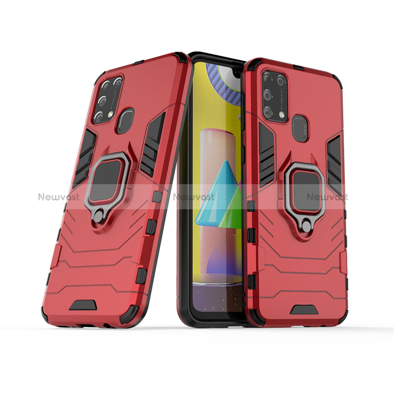 Silicone Matte Finish and Plastic Back Cover Case with Magnetic Finger Ring Stand KC6 for Samsung Galaxy M21s Red