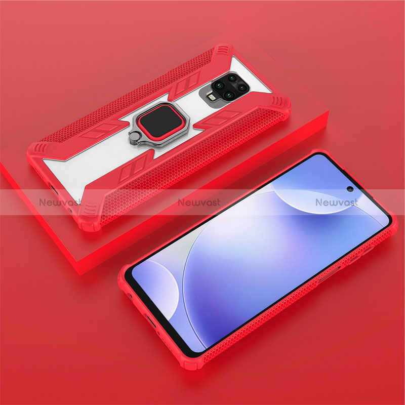 Silicone Matte Finish and Plastic Back Cover Case with Magnetic Finger Ring Stand KC6 for Xiaomi Poco M2 Pro Red