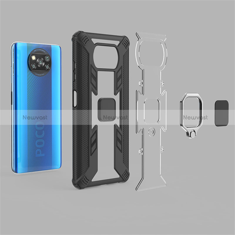 Silicone Matte Finish and Plastic Back Cover Case with Magnetic Finger Ring Stand KC6 for Xiaomi Poco X3 NFC