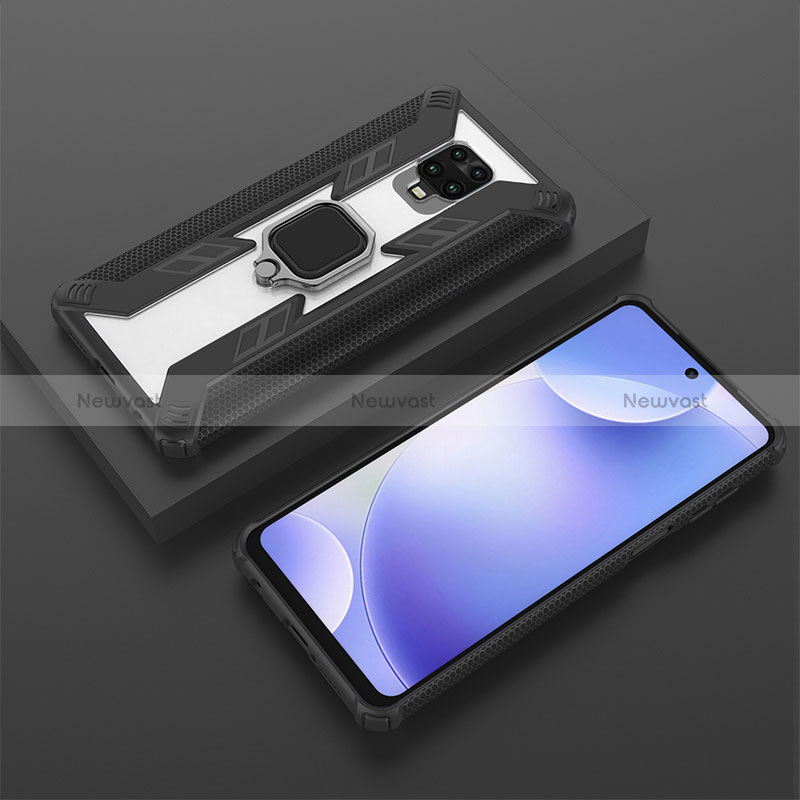 Silicone Matte Finish and Plastic Back Cover Case with Magnetic Finger Ring Stand KC6 for Xiaomi Redmi Note 9 Pro Black