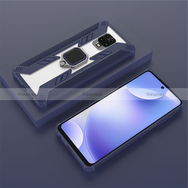 Silicone Matte Finish and Plastic Back Cover Case with Magnetic Finger Ring Stand KC6 for Xiaomi Redmi Note 9 Pro Blue