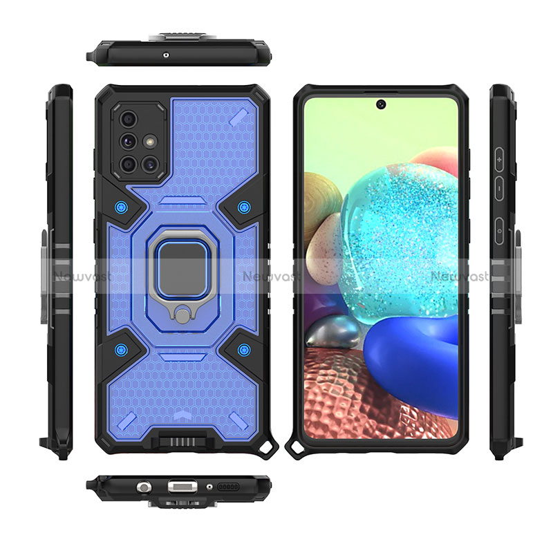 Silicone Matte Finish and Plastic Back Cover Case with Magnetic Finger Ring Stand KC7 for Samsung Galaxy A71 5G Blue