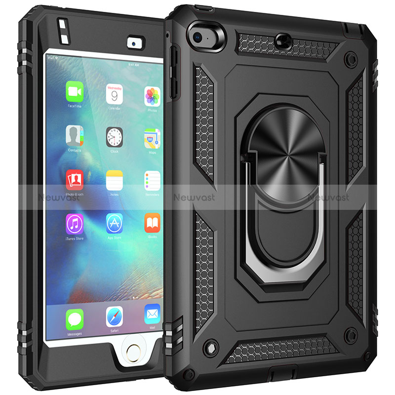 Silicone Matte Finish and Plastic Back Cover Case with Magnetic Finger Ring Stand MQ1 for Apple iPad Mini 4 Black