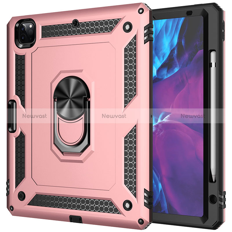 Silicone Matte Finish and Plastic Back Cover Case with Magnetic Finger Ring Stand MQ1 for Apple iPad Pro 12.9 (2020) Rose Gold