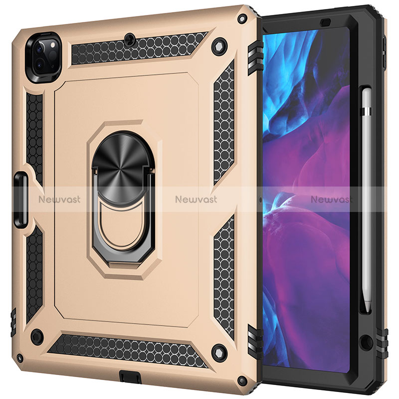 Silicone Matte Finish and Plastic Back Cover Case with Magnetic Finger Ring Stand MQ1 for Apple iPad Pro 12.9 (2021) Gold
