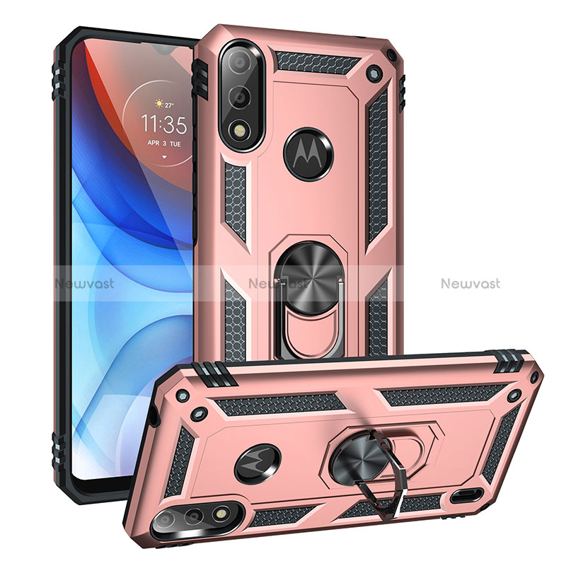 Silicone Matte Finish and Plastic Back Cover Case with Magnetic Finger Ring Stand MQ1 for Motorola Moto E7 Power Rose Gold