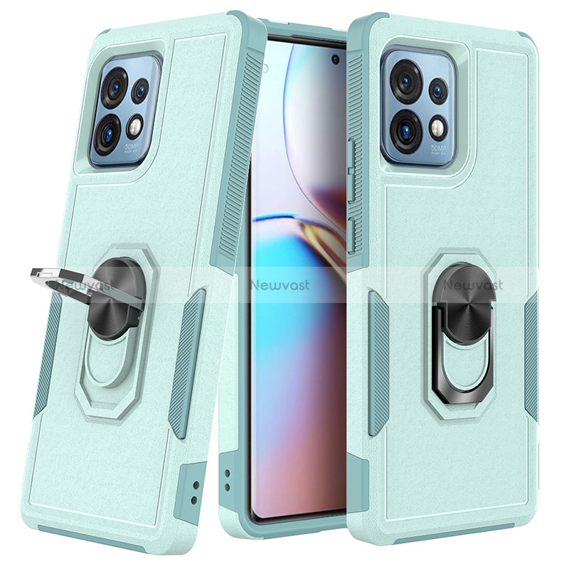 Silicone Matte Finish and Plastic Back Cover Case with Magnetic Finger Ring Stand MQ1 for Motorola Moto Edge 40 Pro 5G Cyan