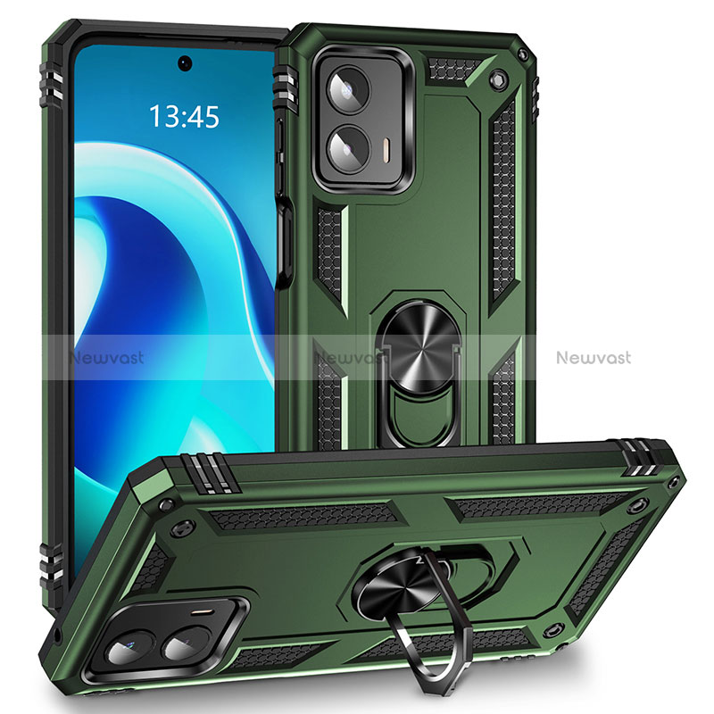 Silicone Matte Finish and Plastic Back Cover Case with Magnetic Finger Ring Stand MQ1 for Motorola Moto G 5G (2023) Midnight Green