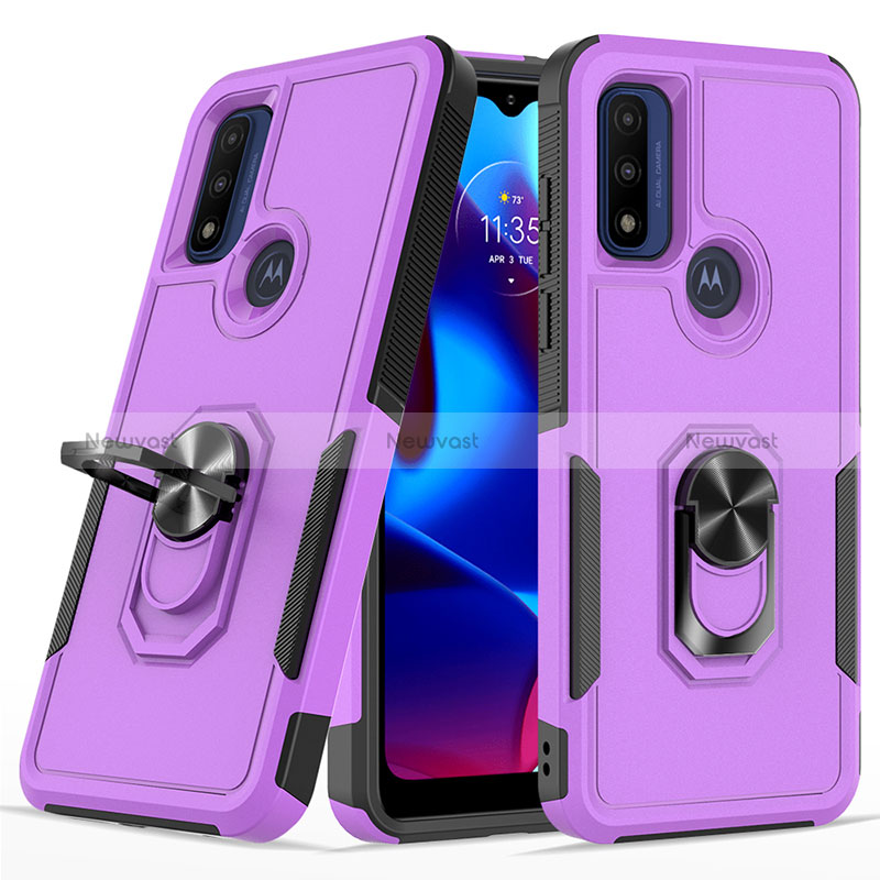 Silicone Matte Finish and Plastic Back Cover Case with Magnetic Finger Ring Stand MQ1 for Motorola Moto G Play Gen 2 Purple