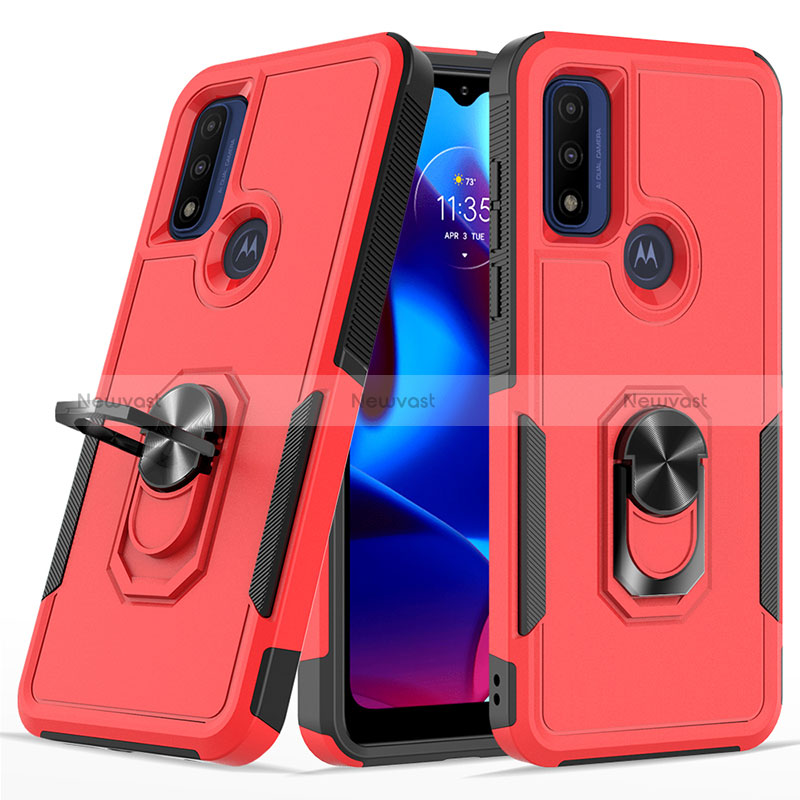 Silicone Matte Finish and Plastic Back Cover Case with Magnetic Finger Ring Stand MQ1 for Motorola Moto G Power (2022) Red