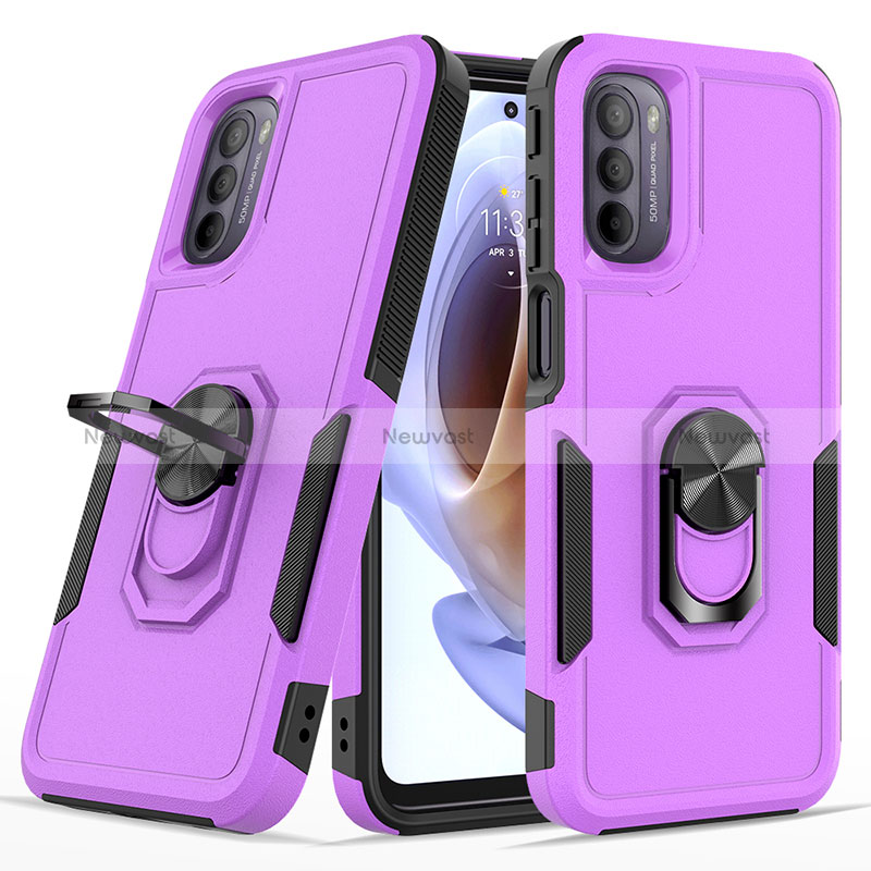 Silicone Matte Finish and Plastic Back Cover Case with Magnetic Finger Ring Stand MQ1 for Motorola Moto G41