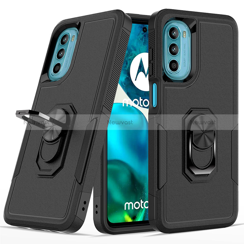 Silicone Matte Finish and Plastic Back Cover Case with Magnetic Finger Ring Stand MQ1 for Motorola MOTO G52