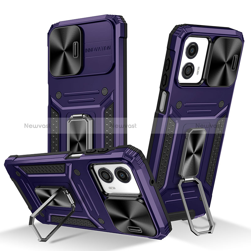 Silicone Matte Finish and Plastic Back Cover Case with Magnetic Finger Ring Stand MQ1 for Motorola Moto G53y 5G Purple