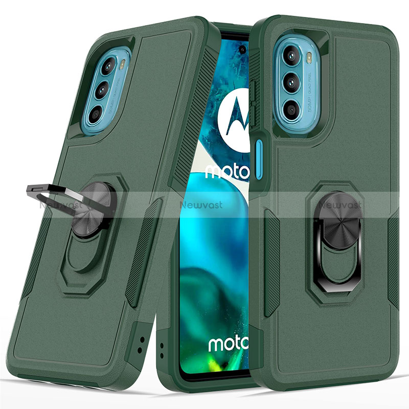 Silicone Matte Finish and Plastic Back Cover Case with Magnetic Finger Ring Stand MQ1 for Motorola Moto G82 5G