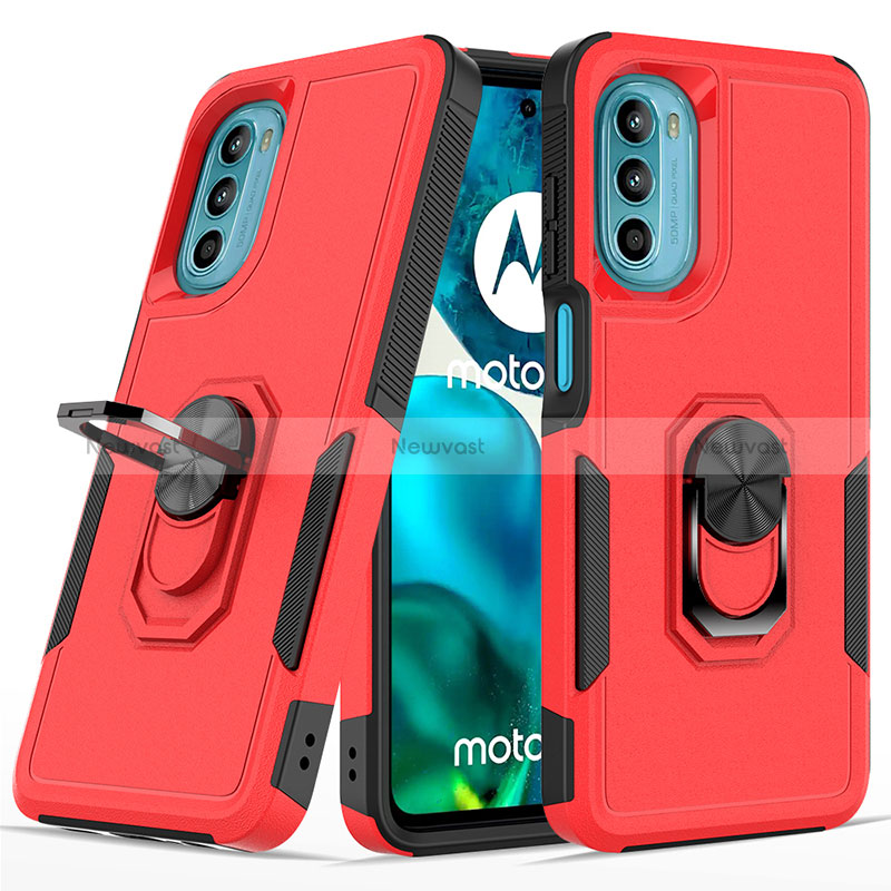 Silicone Matte Finish and Plastic Back Cover Case with Magnetic Finger Ring Stand MQ1 for Motorola Moto G82 5G Red