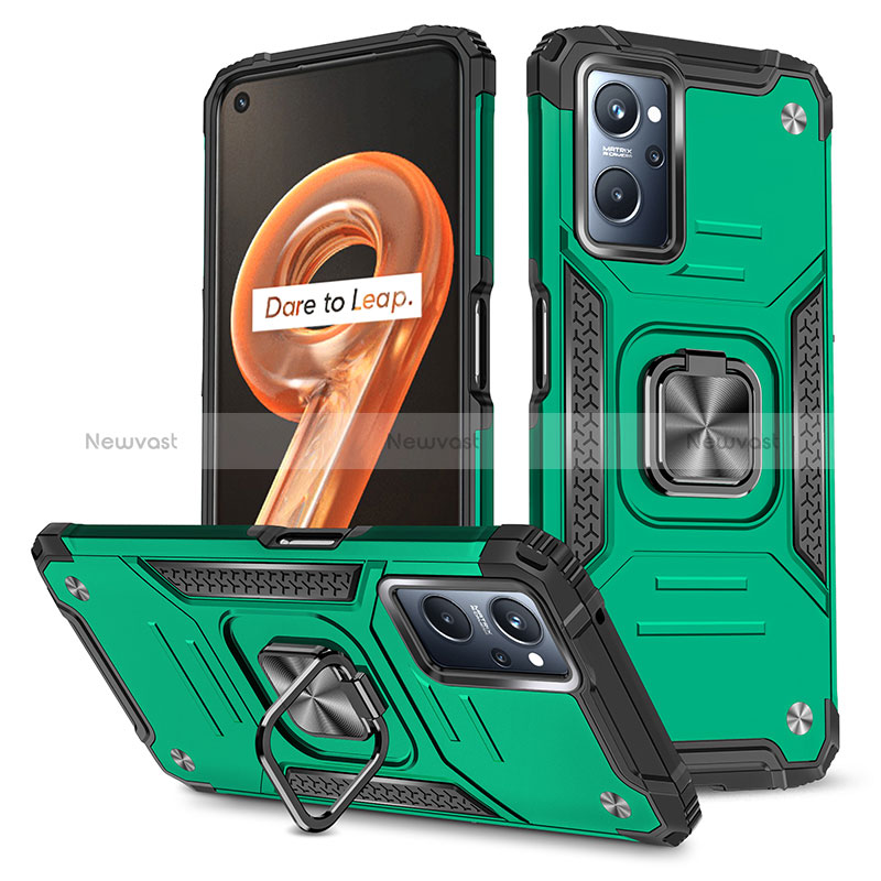 Silicone Matte Finish and Plastic Back Cover Case with Magnetic Finger Ring Stand MQ1 for Oppo A96 4G Midnight Green