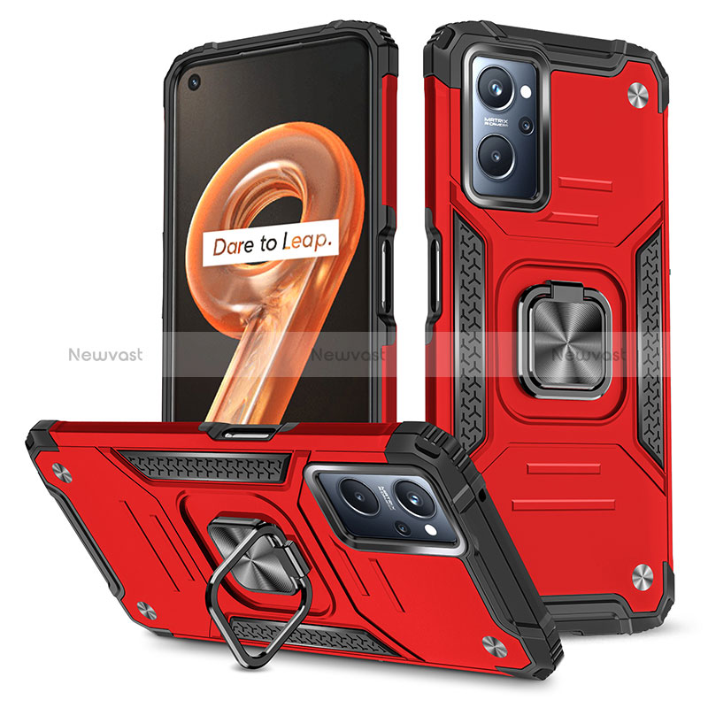 Silicone Matte Finish and Plastic Back Cover Case with Magnetic Finger Ring Stand MQ1 for Oppo A96 4G Red