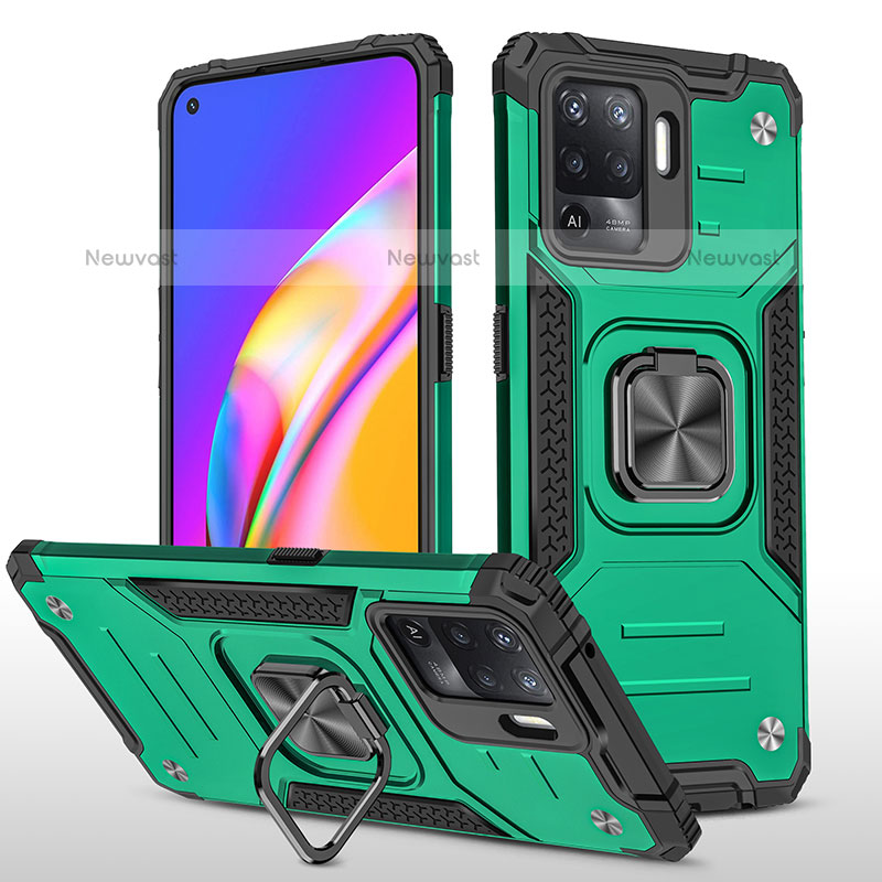 Silicone Matte Finish and Plastic Back Cover Case with Magnetic Finger Ring Stand MQ1 for Oppo F19 Pro Midnight Green