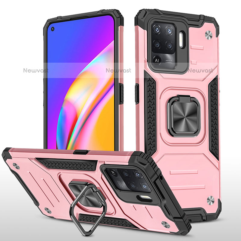 Silicone Matte Finish and Plastic Back Cover Case with Magnetic Finger Ring Stand MQ1 for Oppo F19 Pro Rose Gold