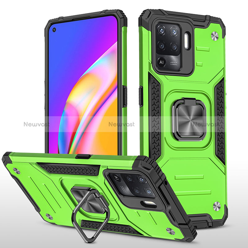 Silicone Matte Finish and Plastic Back Cover Case with Magnetic Finger Ring Stand MQ1 for Oppo Reno5 F Green