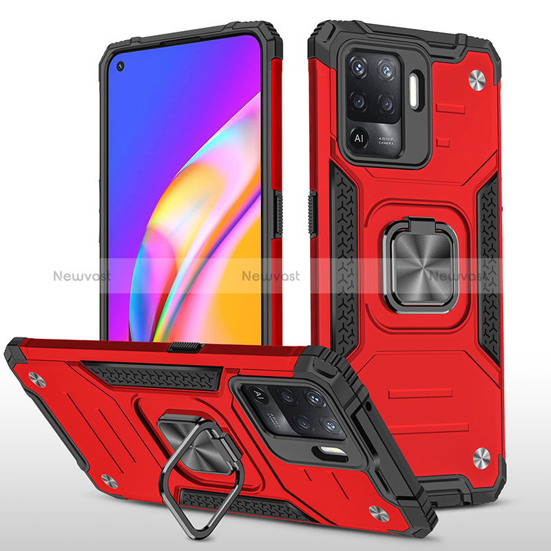 Silicone Matte Finish and Plastic Back Cover Case with Magnetic Finger Ring Stand MQ1 for Oppo Reno5 Lite Red