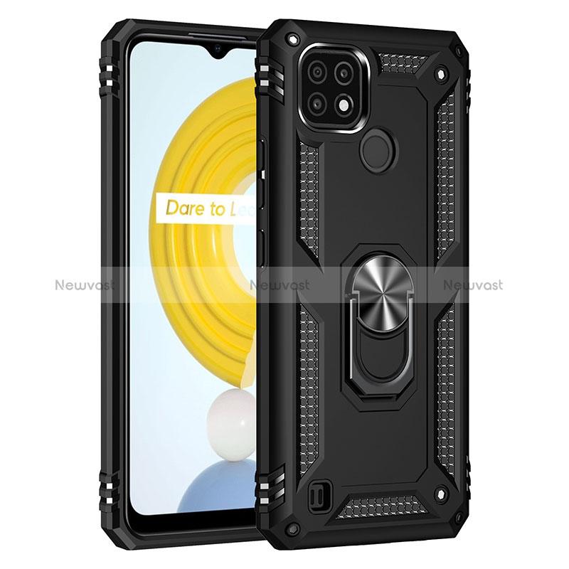 Silicone Matte Finish and Plastic Back Cover Case with Magnetic Finger Ring Stand MQ1 for Realme C21 Black