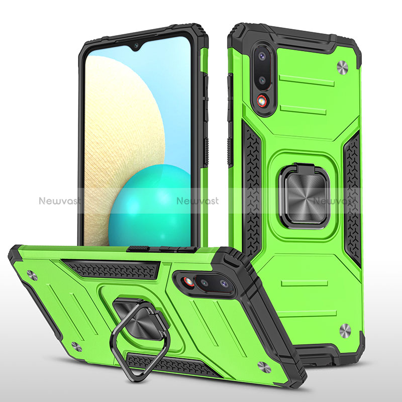 Silicone Matte Finish and Plastic Back Cover Case with Magnetic Finger Ring Stand MQ1 for Samsung Galaxy A02 Green