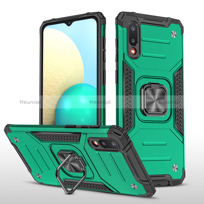 Silicone Matte Finish and Plastic Back Cover Case with Magnetic Finger Ring Stand MQ1 for Samsung Galaxy A02 Midnight Green