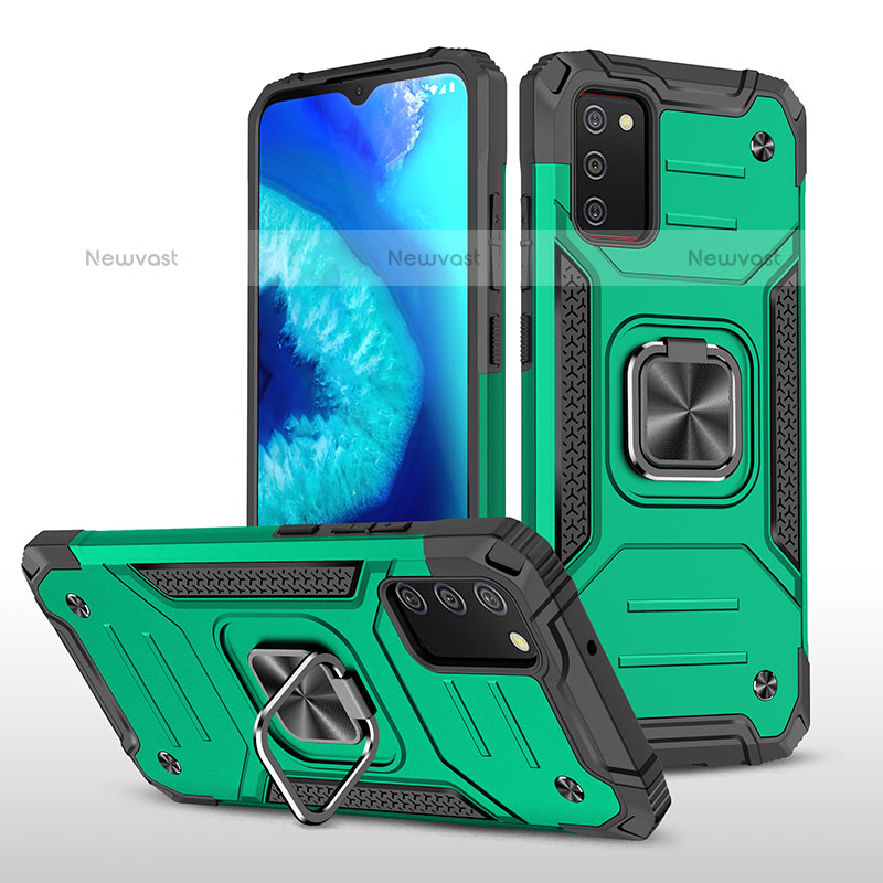 Silicone Matte Finish and Plastic Back Cover Case with Magnetic Finger Ring Stand MQ1 for Samsung Galaxy A02s Midnight Green