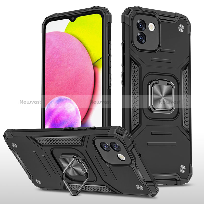 Silicone Matte Finish and Plastic Back Cover Case with Magnetic Finger Ring Stand MQ1 for Samsung Galaxy A03 Black