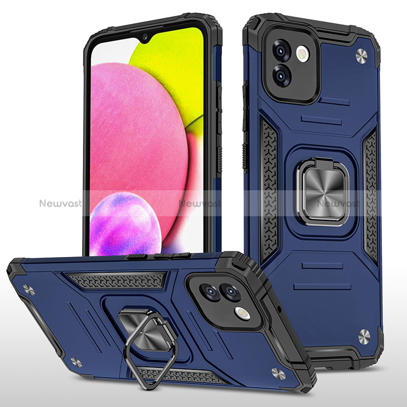 Silicone Matte Finish and Plastic Back Cover Case with Magnetic Finger Ring Stand MQ1 for Samsung Galaxy A03 Blue