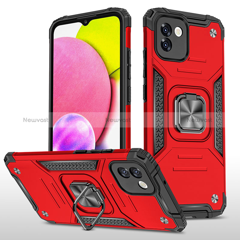 Silicone Matte Finish and Plastic Back Cover Case with Magnetic Finger Ring Stand MQ1 for Samsung Galaxy A03 Red