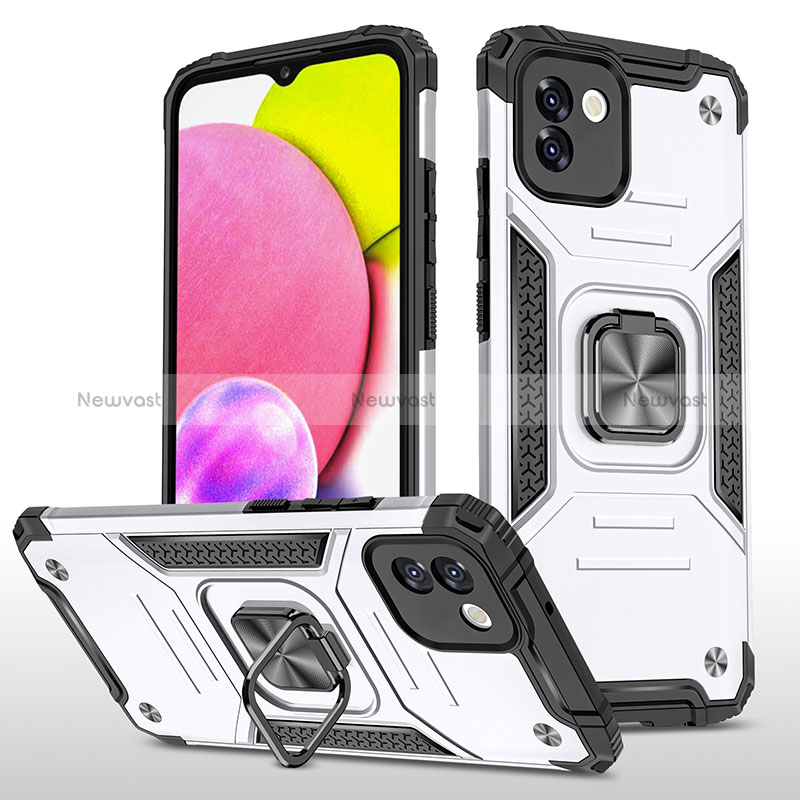 Silicone Matte Finish and Plastic Back Cover Case with Magnetic Finger Ring Stand MQ1 for Samsung Galaxy A03 Silver