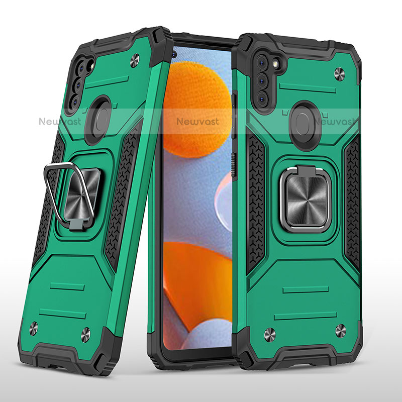 Silicone Matte Finish and Plastic Back Cover Case with Magnetic Finger Ring Stand MQ1 for Samsung Galaxy A11 Midnight Green