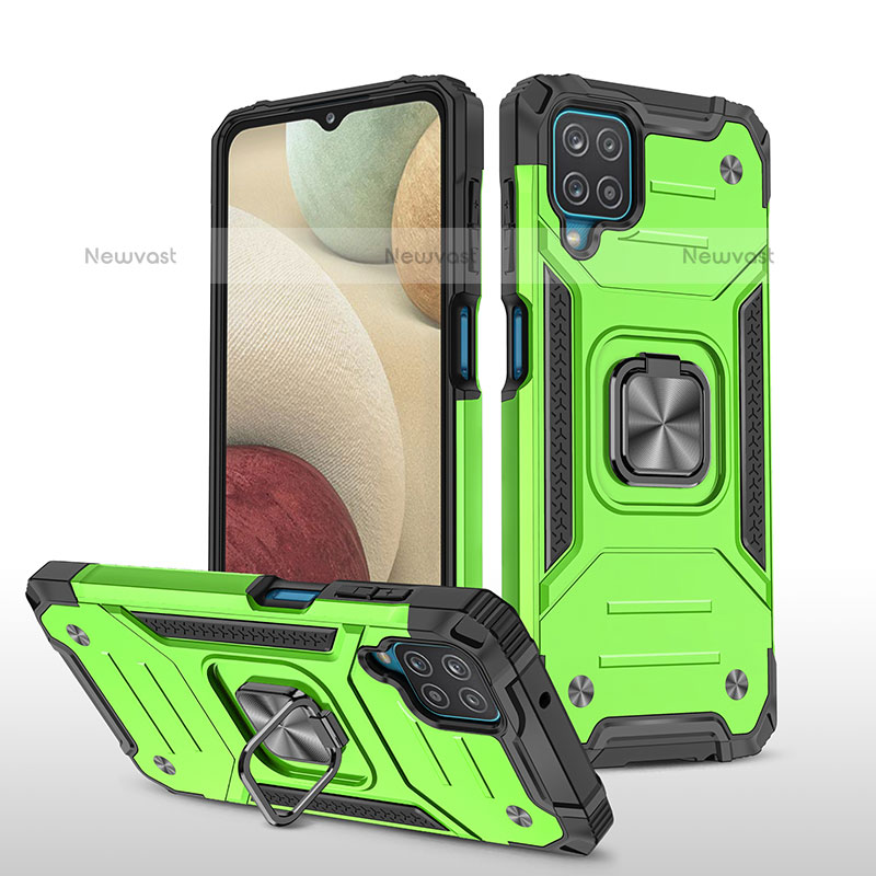 Silicone Matte Finish and Plastic Back Cover Case with Magnetic Finger Ring Stand MQ1 for Samsung Galaxy A12 Green